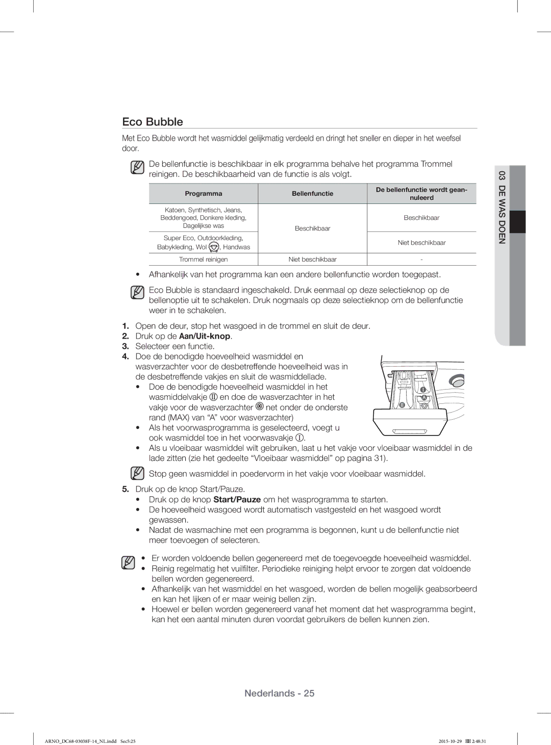 Samsung WF1124ZAC/XEN manual Eco Bubble, Programma Bellenfunctie De bellenfunctie wordt gean Nuleerd 