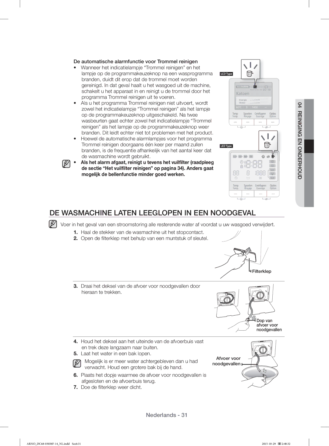 Samsung WF1124ZAC/XEN DE Wasmachine Laten Leeglopen in EEN Noodgeval, De automatische alarmfunctie voor Trommel reinigen 