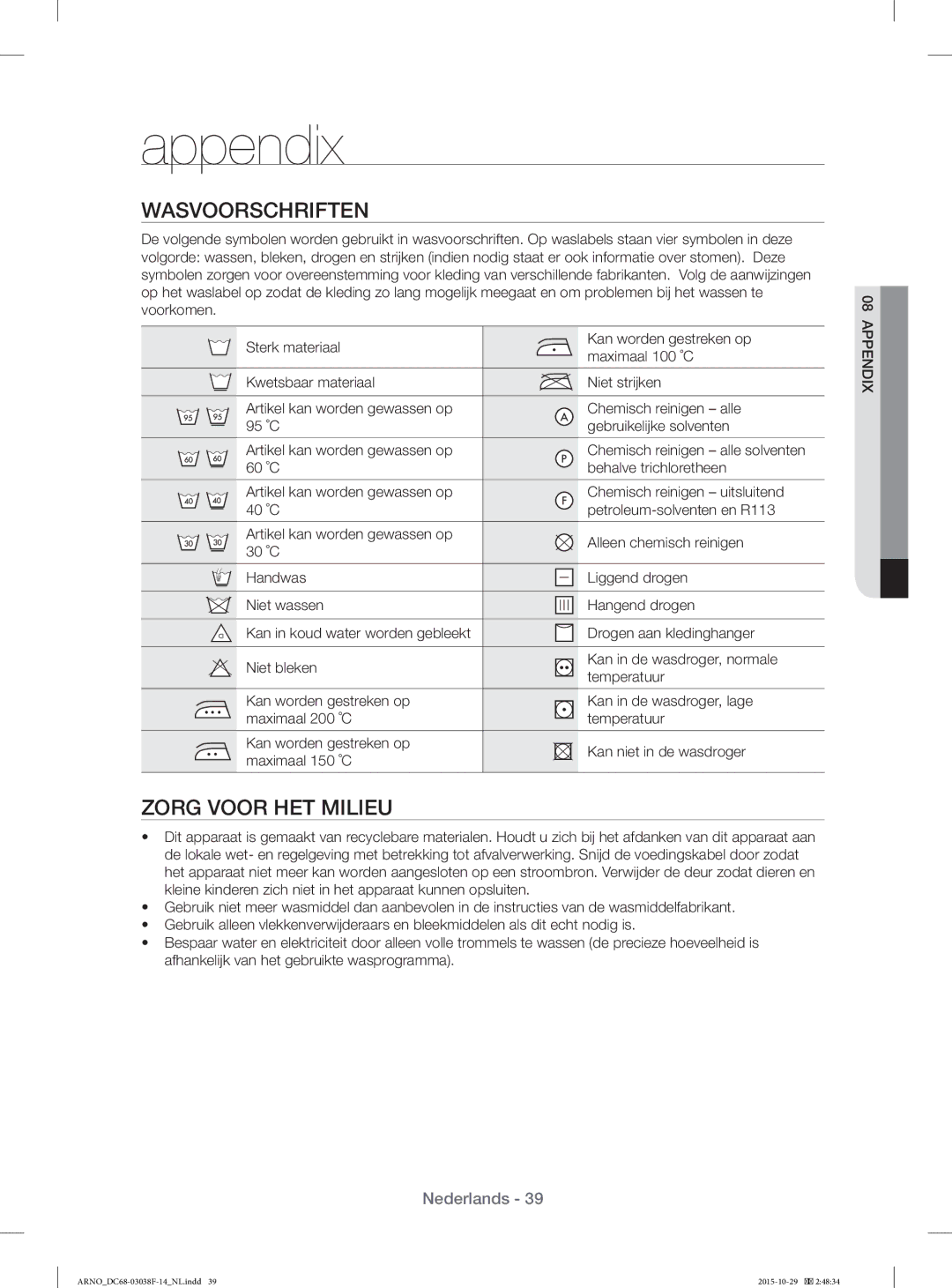 Samsung WF1124ZAC/XEN manual Appendix, Zorg Voor HET Milieu, Drogen aan kledinghanger 