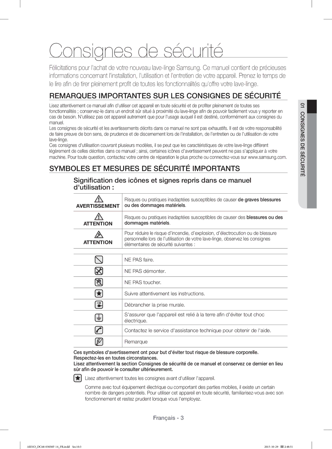 Samsung WF1124ZAC/XEN manual Consignes de sécurité, Remarques Importantes SUR LES Consignes DE Sécurité 