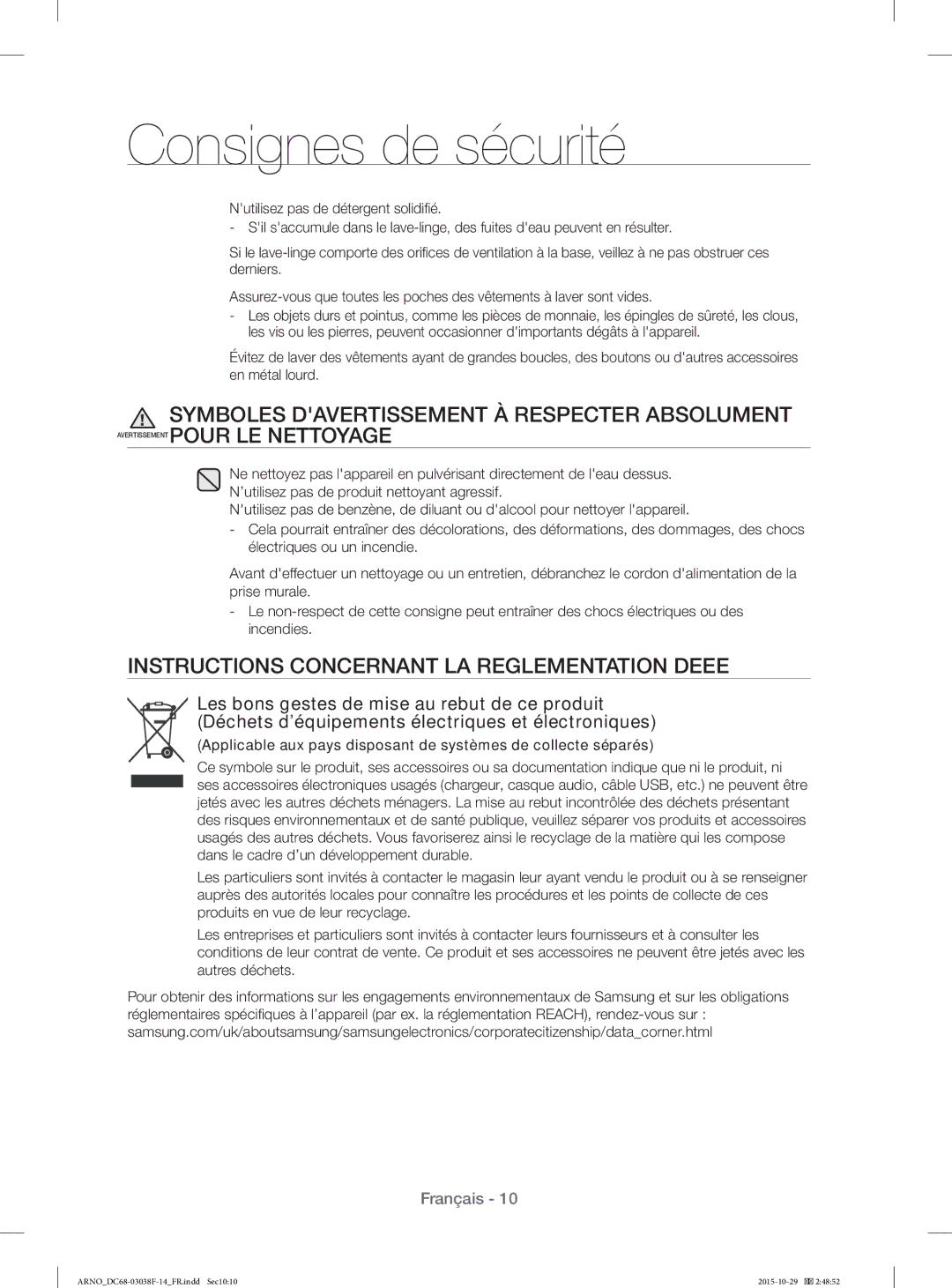 Samsung WF1124ZAC/XEN manual Instructions Concernant LA Reglementation Deee 