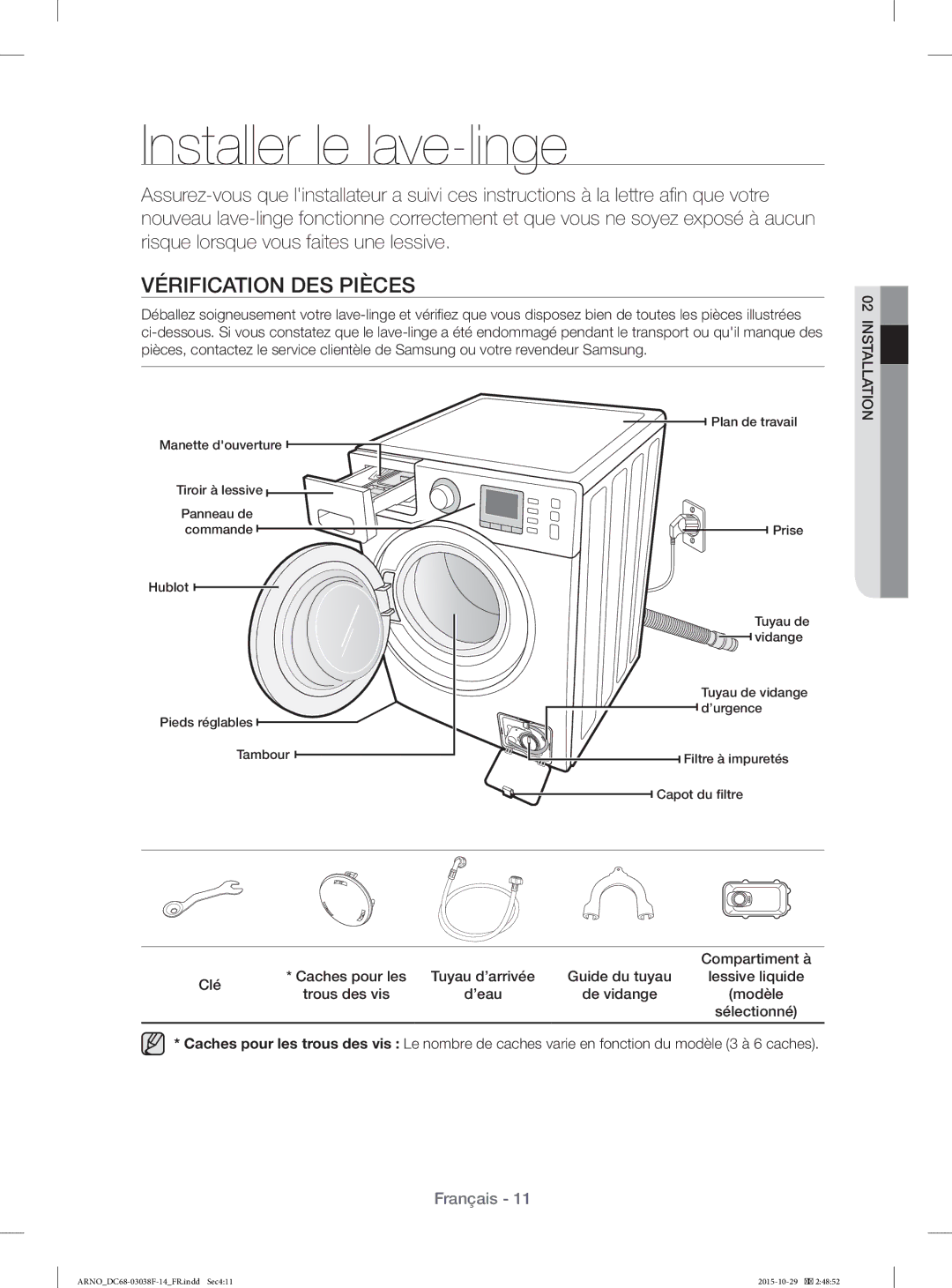 Samsung WF1124ZAC/XEN manual Installer le lave-linge, Vérification DES Pièces, Clé Caches pour les, Trous des vis ’eau 