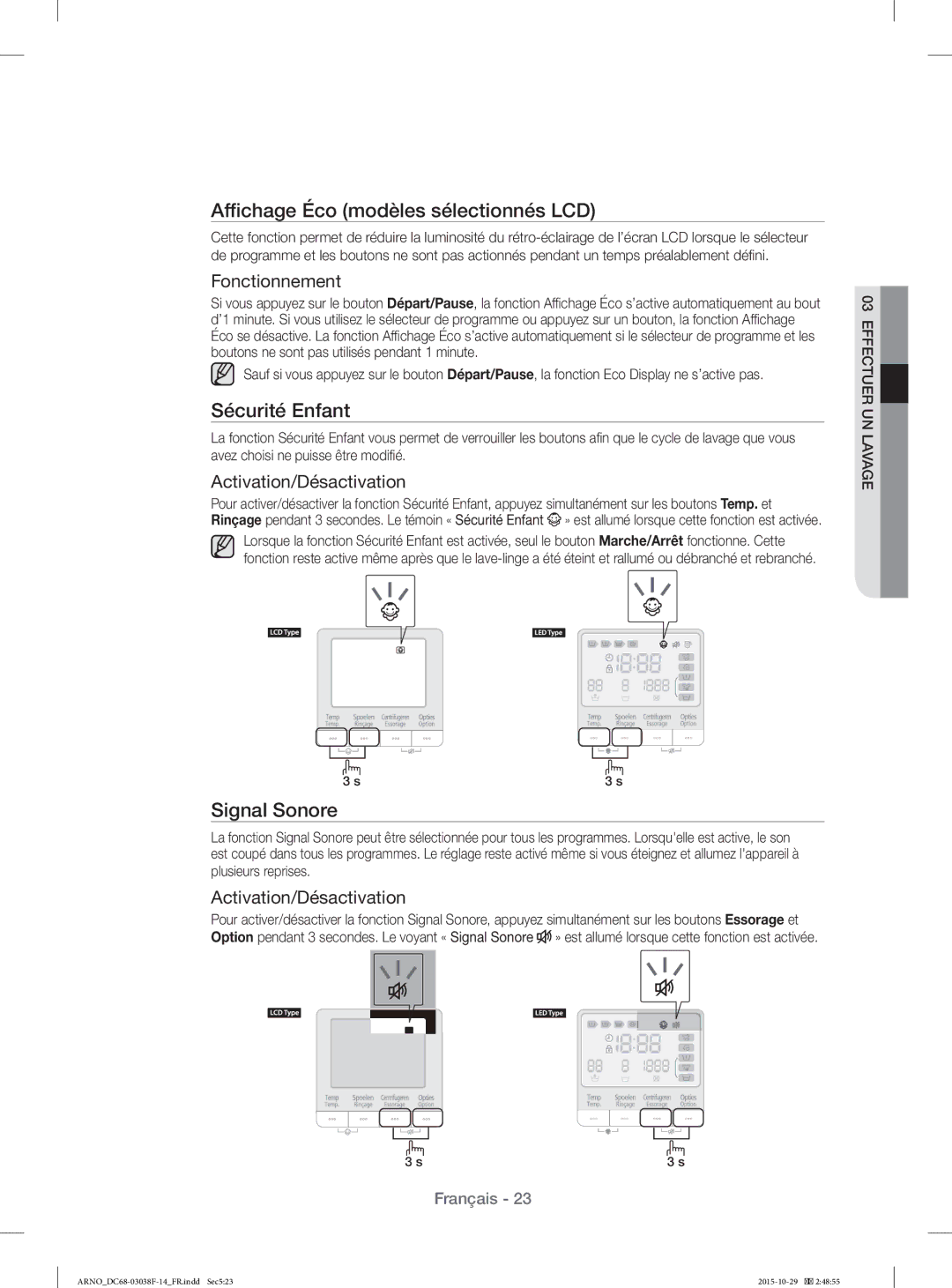 Samsung WF1124ZAC/XEN manual Affichage Éco modèles sélectionnés LCD, Sécurité Enfant, Signal Sonore, Fonctionnement 