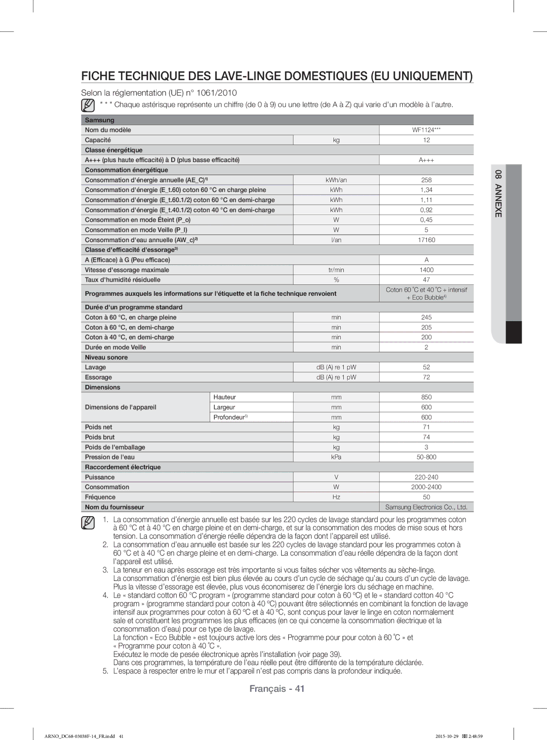 Samsung WF1124ZAC/XEN Fiche Technique DES LAVE-LINGE Domestiques EU Uniquement, Selon la réglementation UE n 1061/2010 