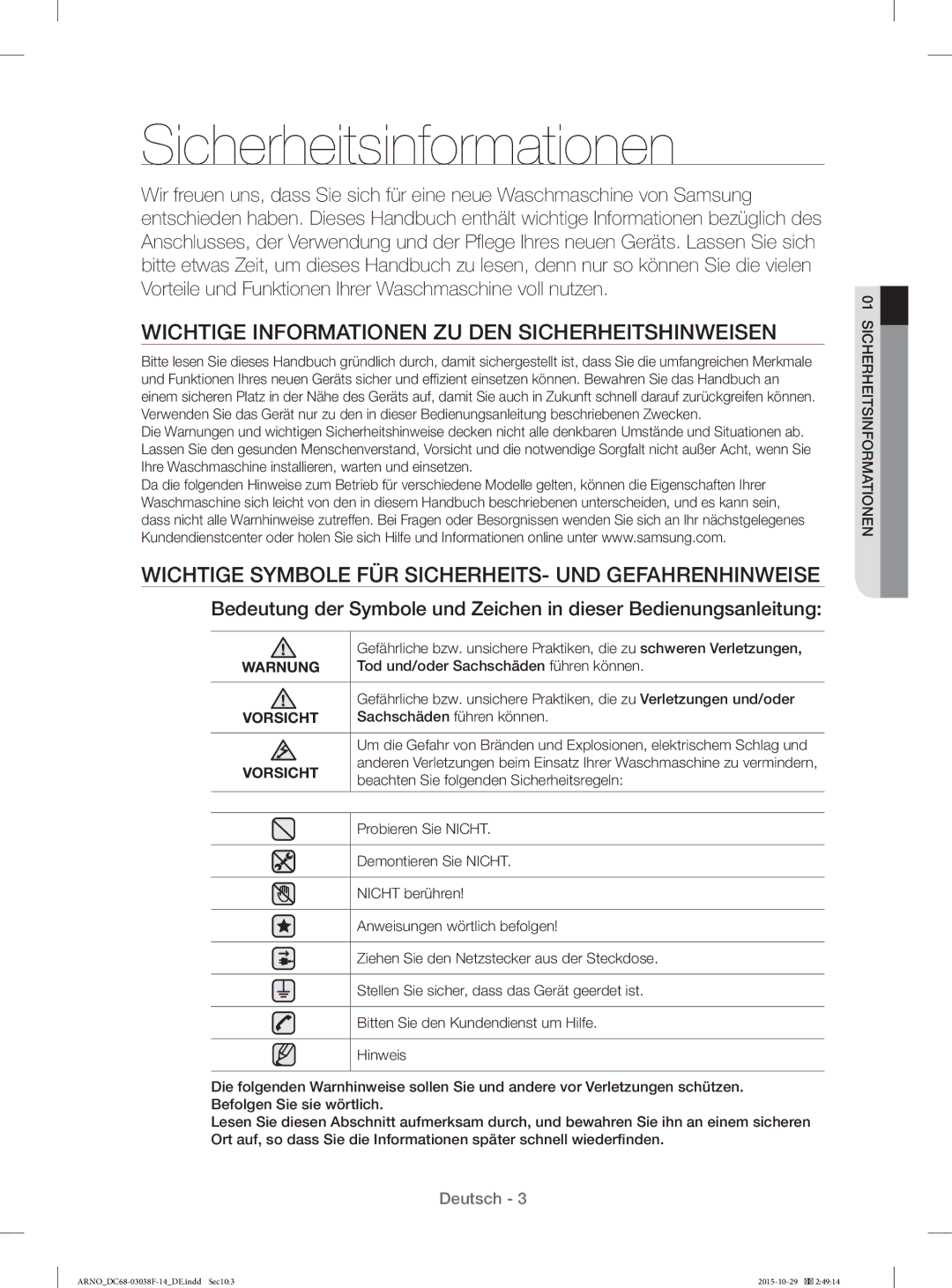 Samsung WF1124ZAC/XEN manual Sicherheitsinformationen, Wichtige Informationen ZU DEN Sicherheitshinweisen 