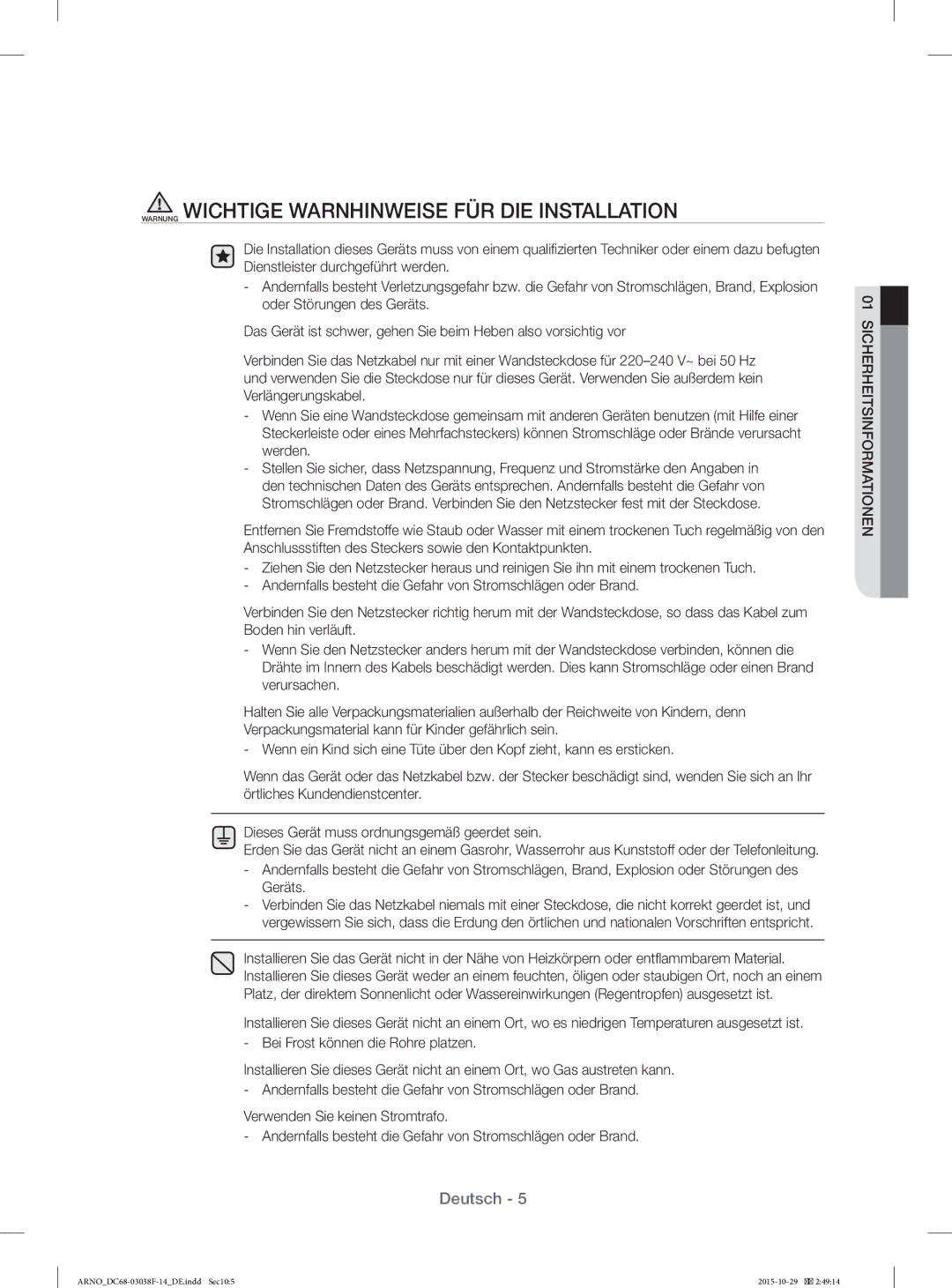 Samsung WF1124ZAC/XEN manual Warnung Wichtige Warnhinweise FÜR DIE Installation 