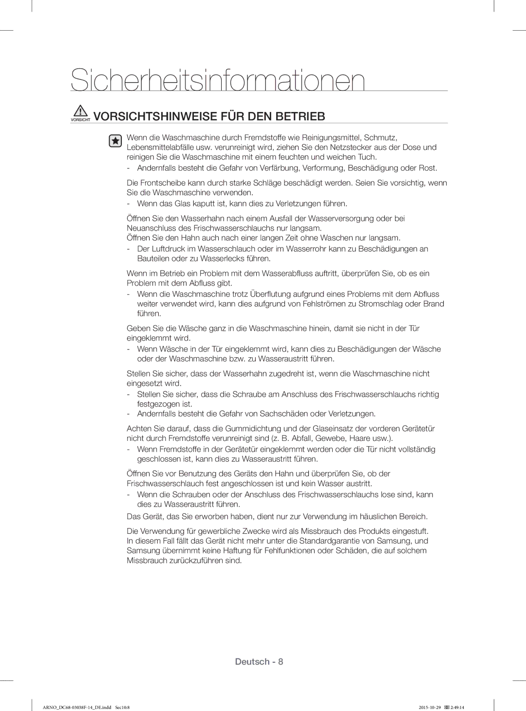 Samsung WF1124ZAC/XEN manual Vorsicht Vorsichtshinweise FÜR DEN Betrieb 