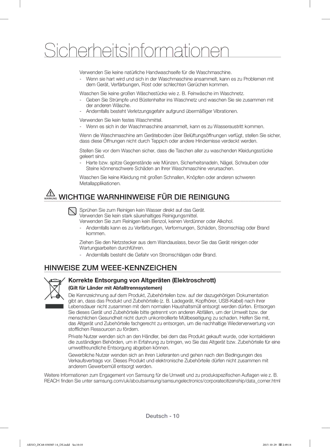 Samsung WF1124ZAC/XEN manual Warnung Wichtige Warnhinweise FÜR DIE Reinigung, Hinweise ZUM WEEE-KENNZEICHEN 