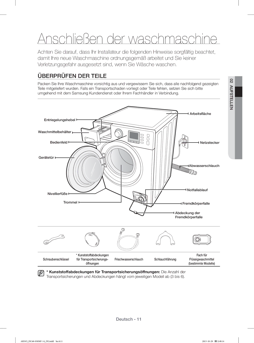 Samsung WF1124ZAC/XEN manual Anschließen der waschmaschine, Überprüfen DER Teile 