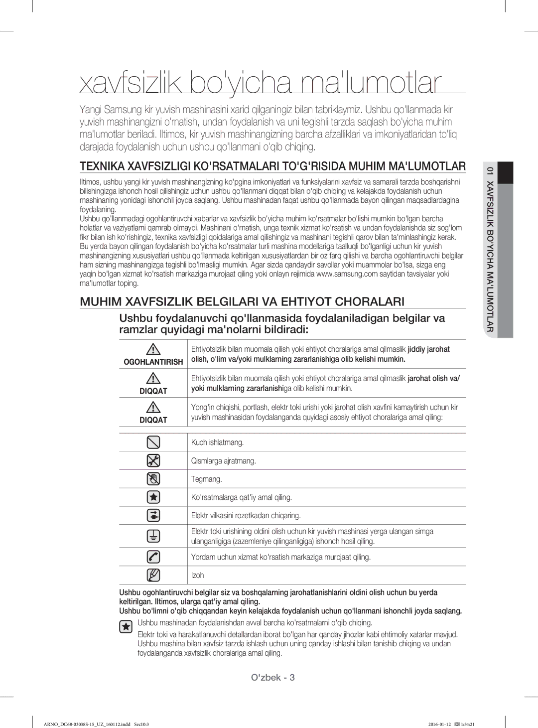 Samsung WF-M124ZAU/YLP, WF1124ZAC/YLP manual Xavfsizlik boyicha malumotlar, Muhim Xavfsizlik Belgilari VA Ehtiyot Choralari 