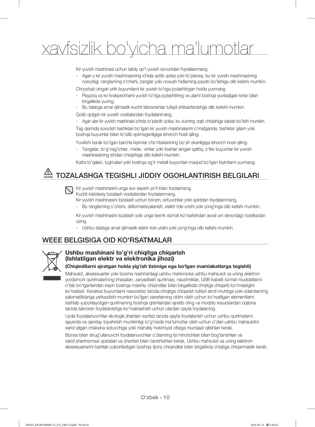 Samsung WF1124ZAC/YLP, WF-M124ZAU/YLP manual Weee Belgisiga OID Korsatmalar 