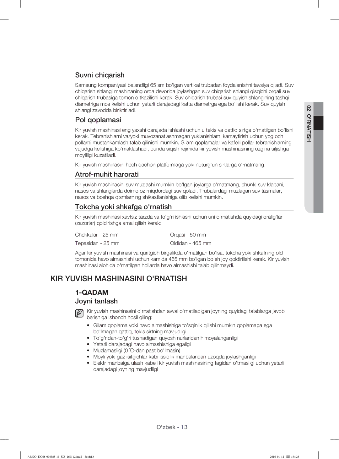 Samsung WF-M124ZAU/YLP, WF1124ZAC/YLP manual KIR Yuvish Mashinasini Ornatish 