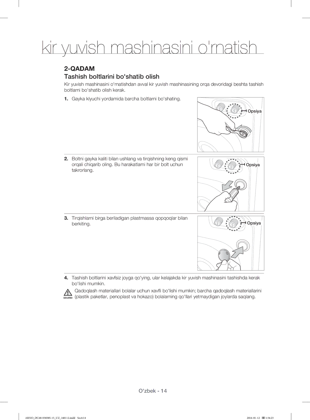 Samsung WF1124ZAC/YLP, WF-M124ZAU/YLP manual Tashish boltlarini boshatib olish 