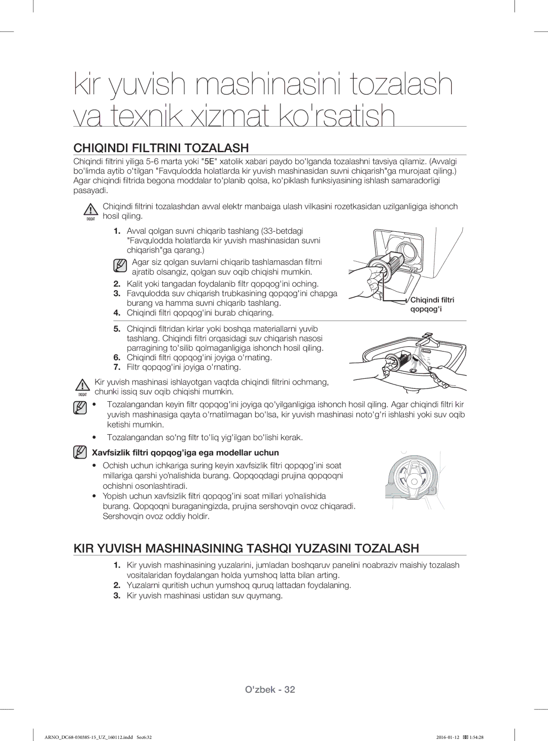 Samsung WF1124ZAC/YLP, WF-M124ZAU/YLP manual Chiqindi Filtrini Tozalash, KIR Yuvish Mashinasining Tashqi Yuzasini Tozalash 