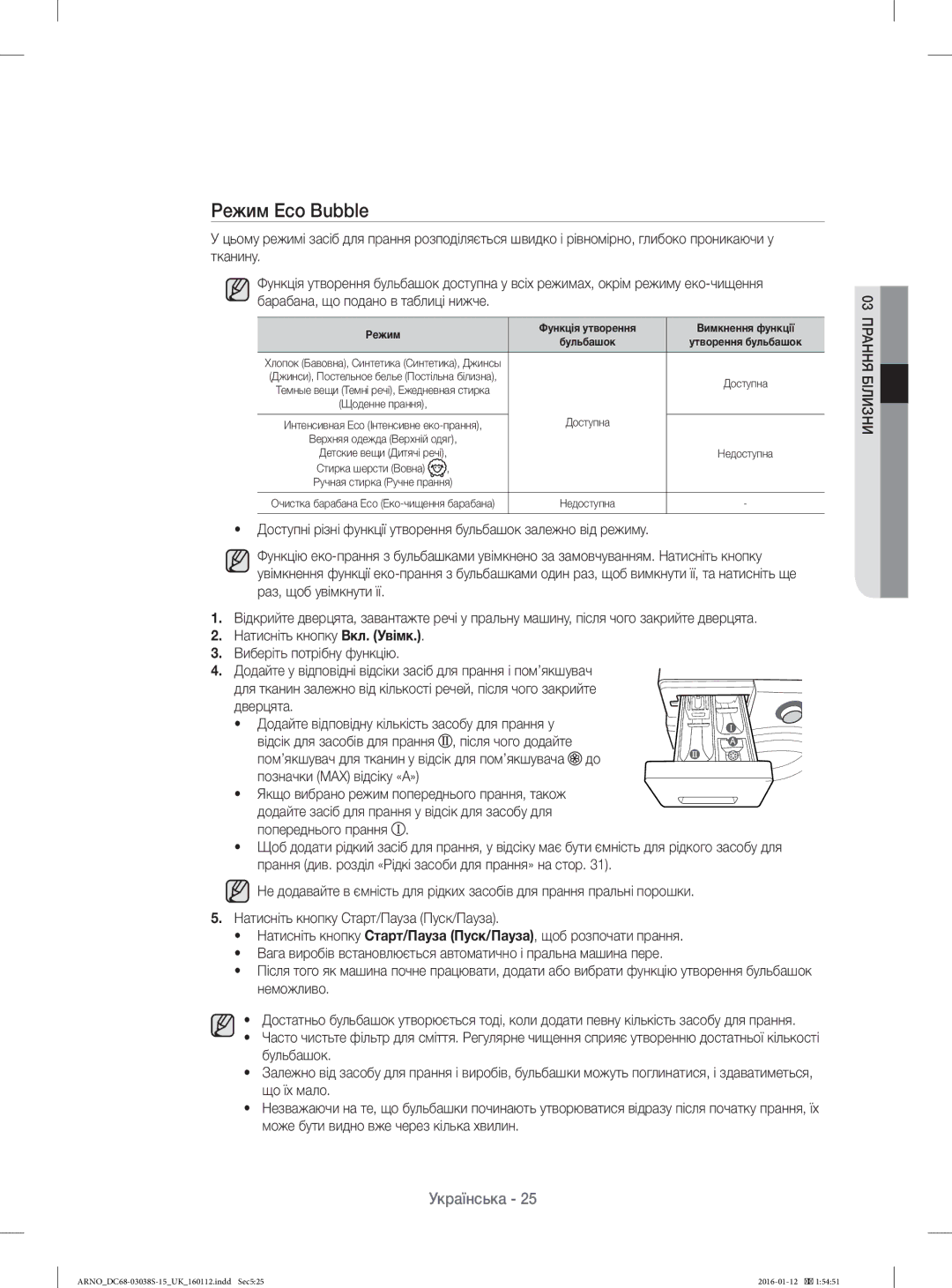 Samsung WF-M124ZAU/YLP, WF1124ZAC/YLP manual Режим Eco Bubble, Режим Функція утворення Вимкнення функції 