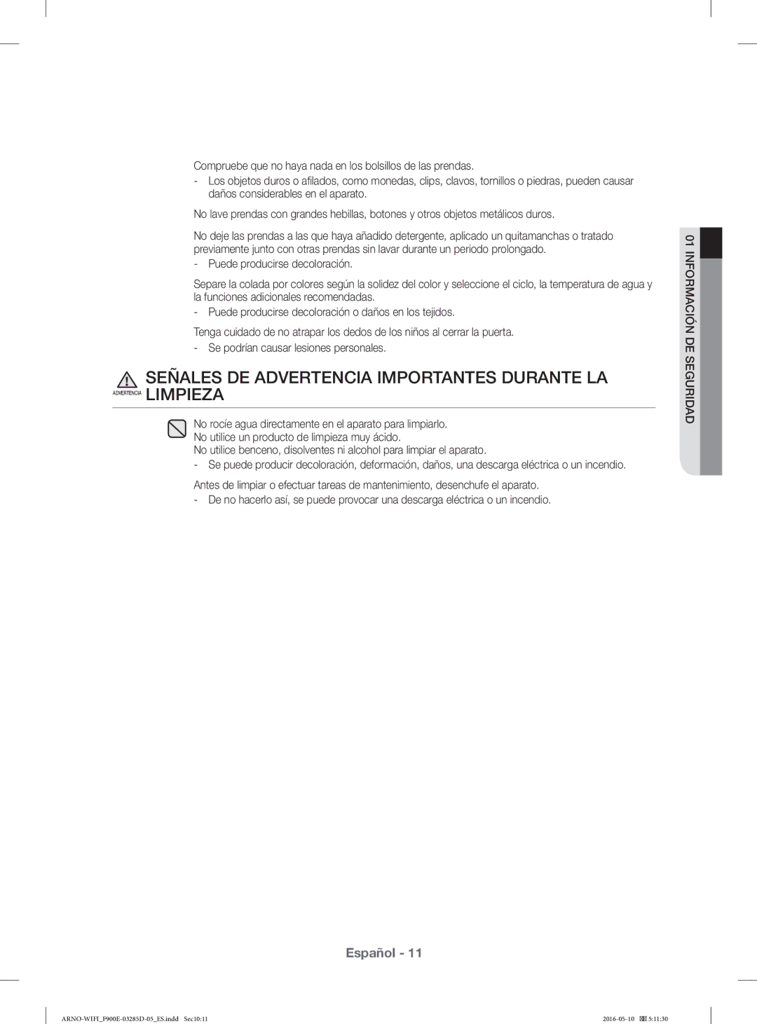 Samsung WF12F9E6P4W/EC manual Señales DE Advertencia Importantes Durante LA 