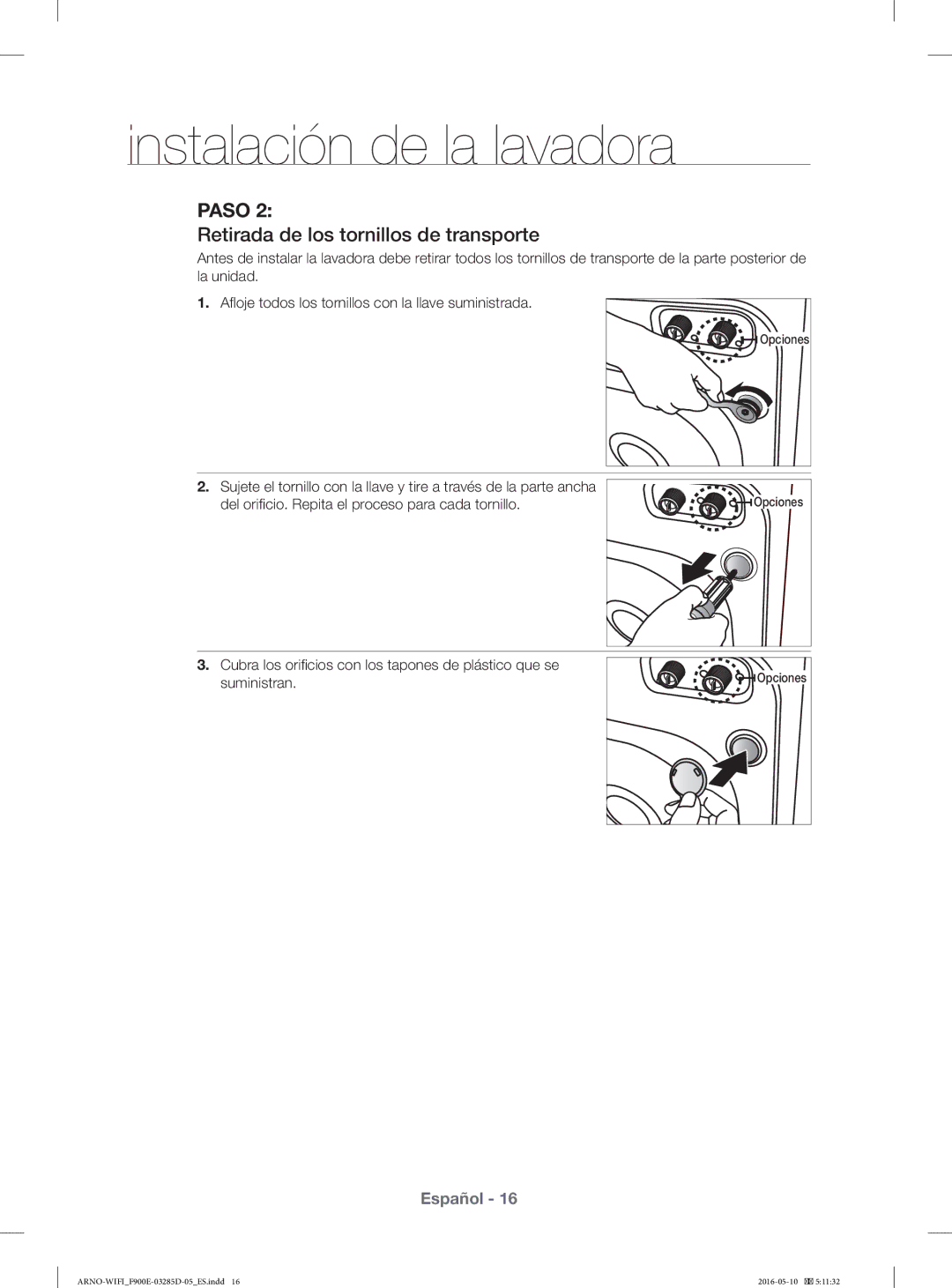 Samsung WF12F9E6P4W/EC manual Retirada de los tornillos de transporte 