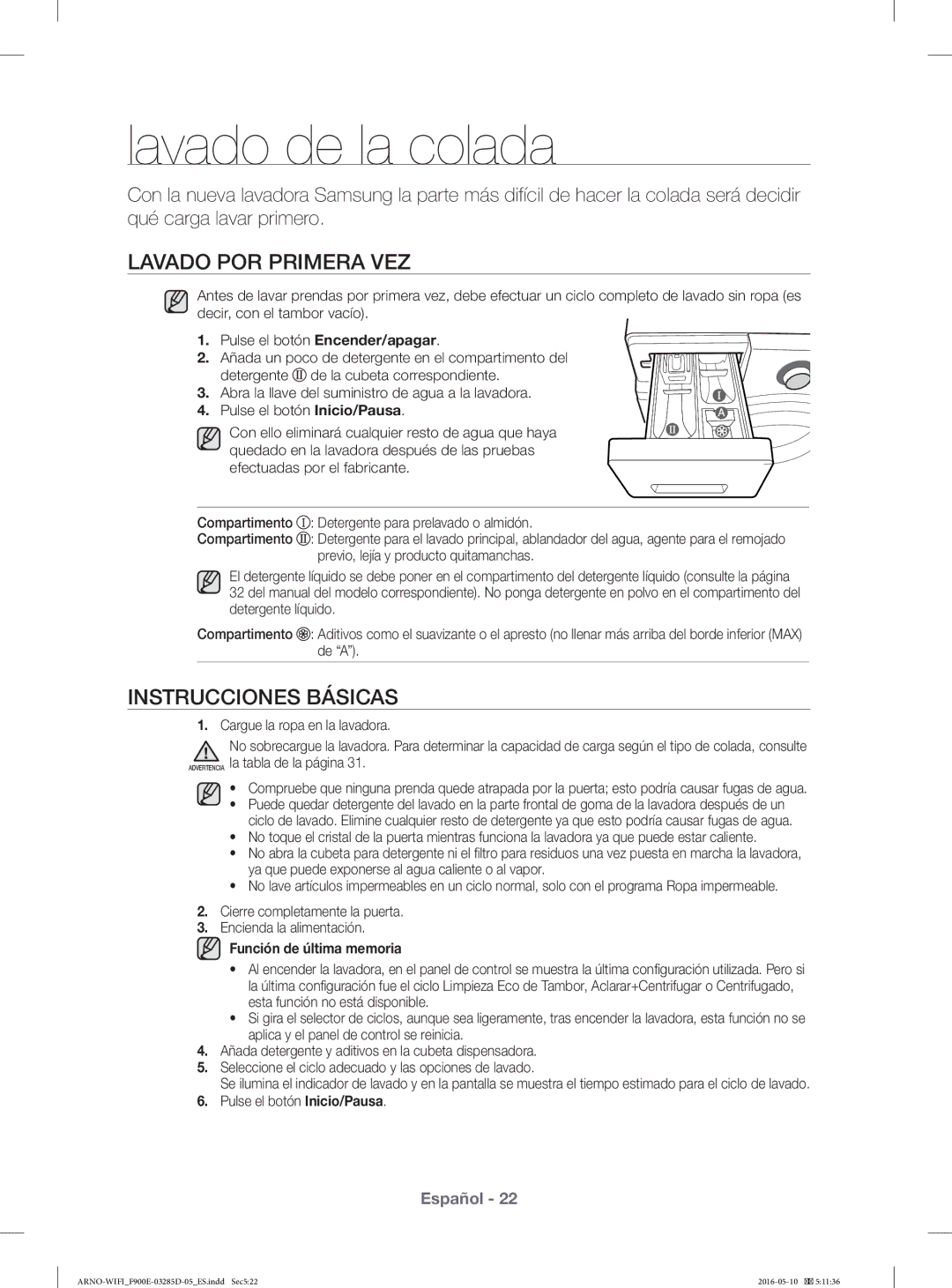 Samsung WF12F9E6P4W/EC Lavado de la colada, Lavado POR Primera VEZ, Instrucciones Básicas, Pulse el botón Inicio/Pausa 