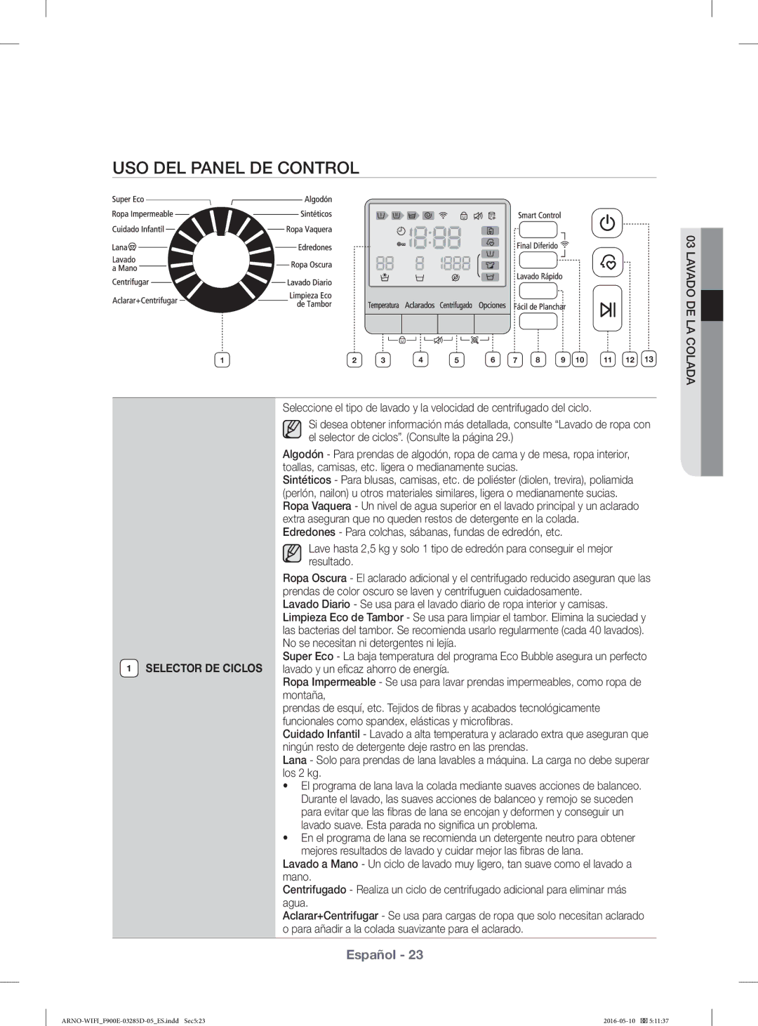 Samsung WF12F9E6P4W/EC manual USO DEL Panel DE Control 