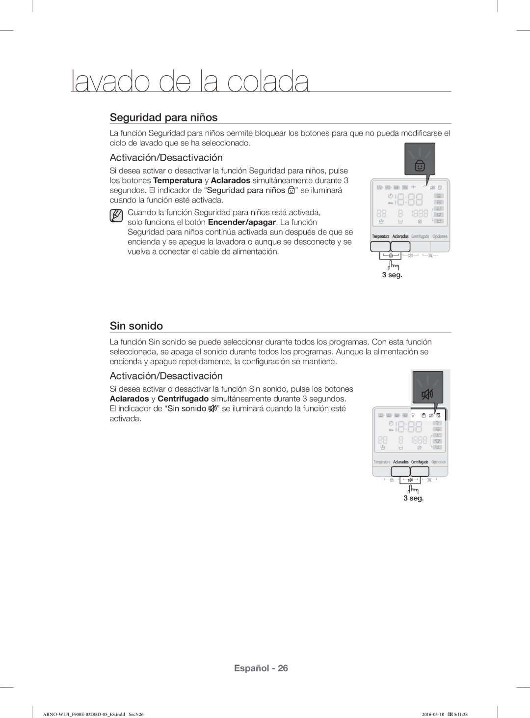 Samsung WF12F9E6P4W/EC manual Seguridad para niños, Sin sonido 