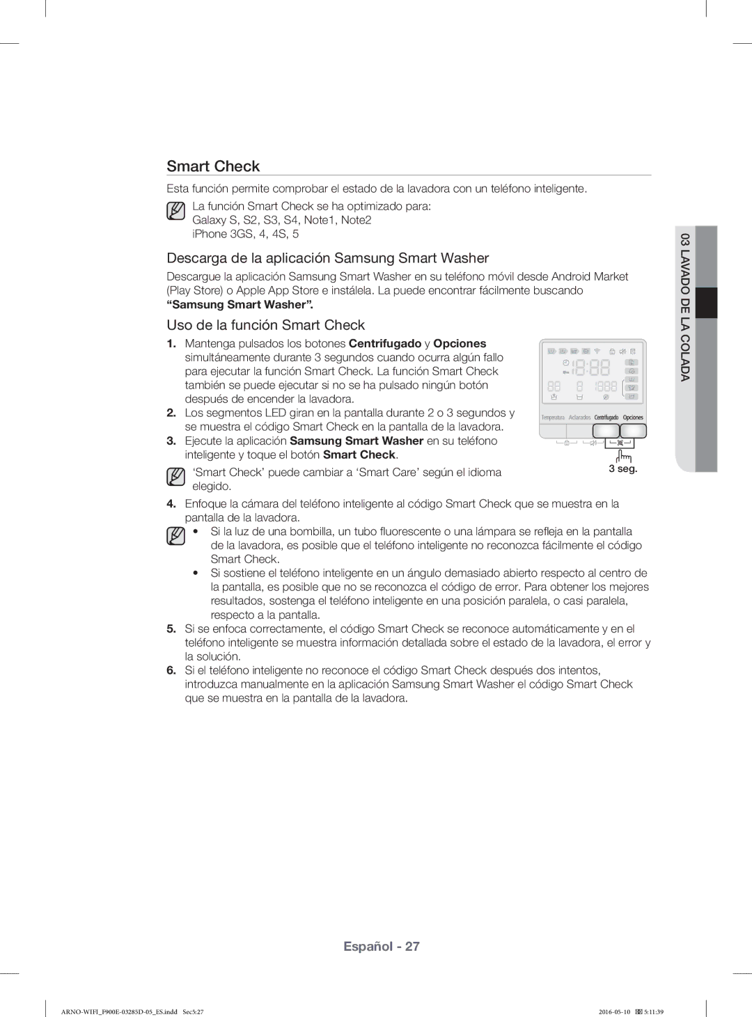 Samsung WF12F9E6P4W/EC manual Smart Check, Descarga de la aplicación Samsung Smart Washer 