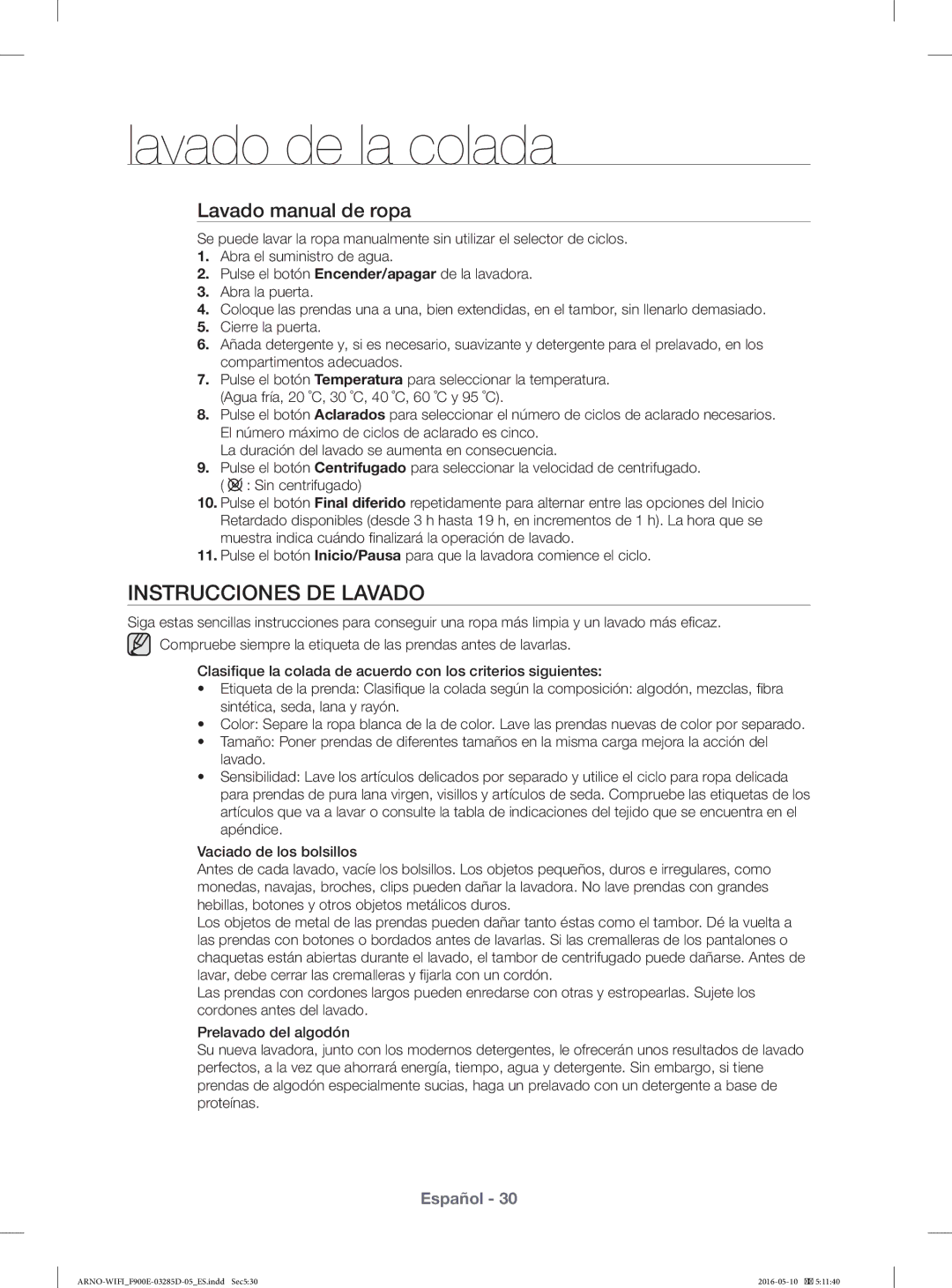 Samsung WF12F9E6P4W/EC Instrucciones DE Lavado, Lavado manual de ropa 