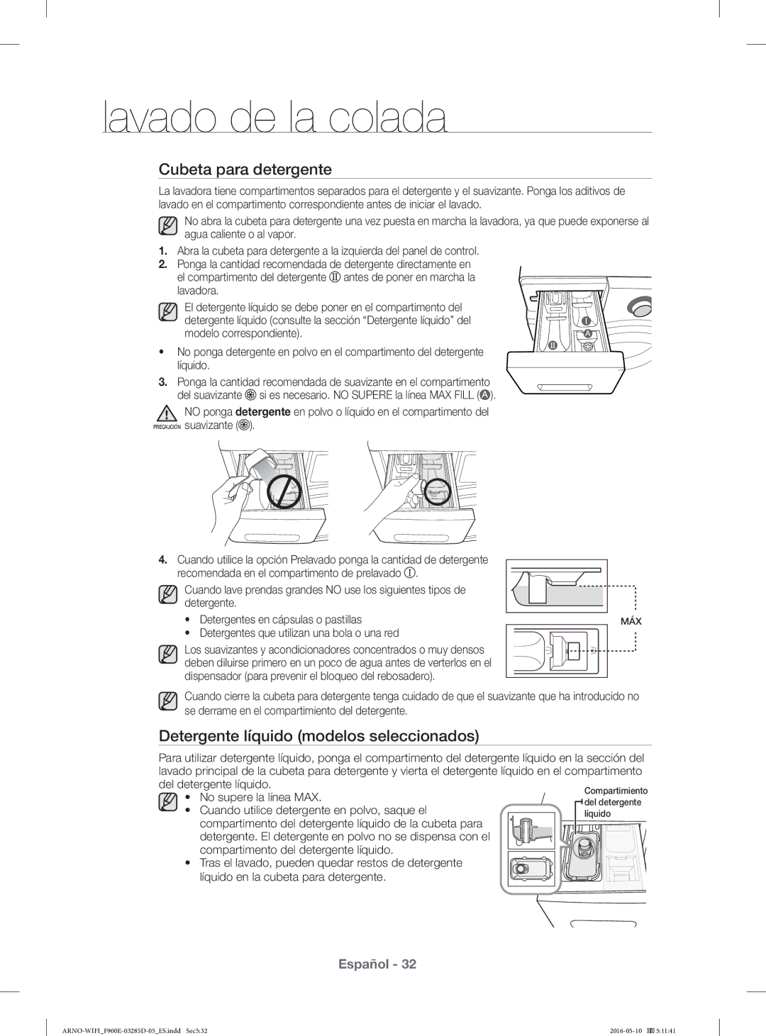 Samsung WF12F9E6P4W/EC manual Cubeta para detergente, Detergente líquido modelos seleccionados 