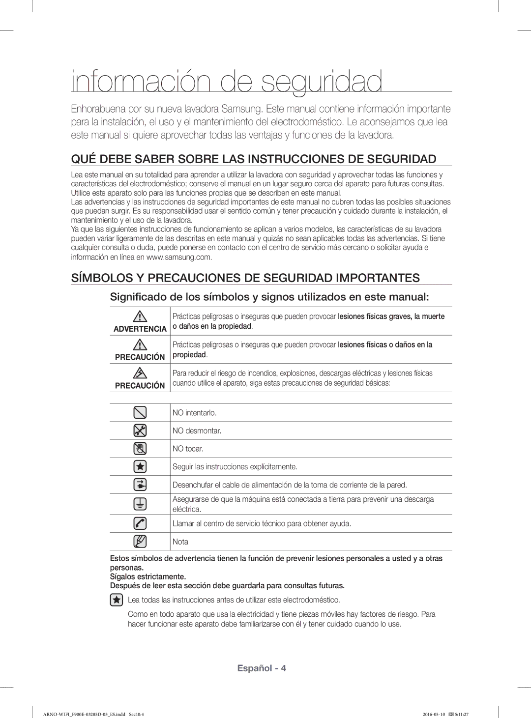 Samsung WF12F9E6P4W/EC manual Información de seguridad, QUÉ Debe Saber Sobre LAS Instrucciones DE Seguridad 