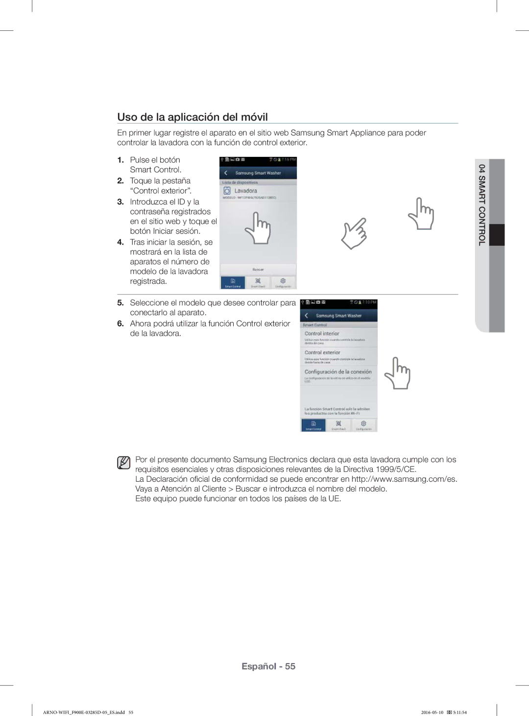 Samsung WF12F9E6P4W/EC manual Uso de la aplicación del móvil, Este equipo puede funcionar en todos los países de la UE 