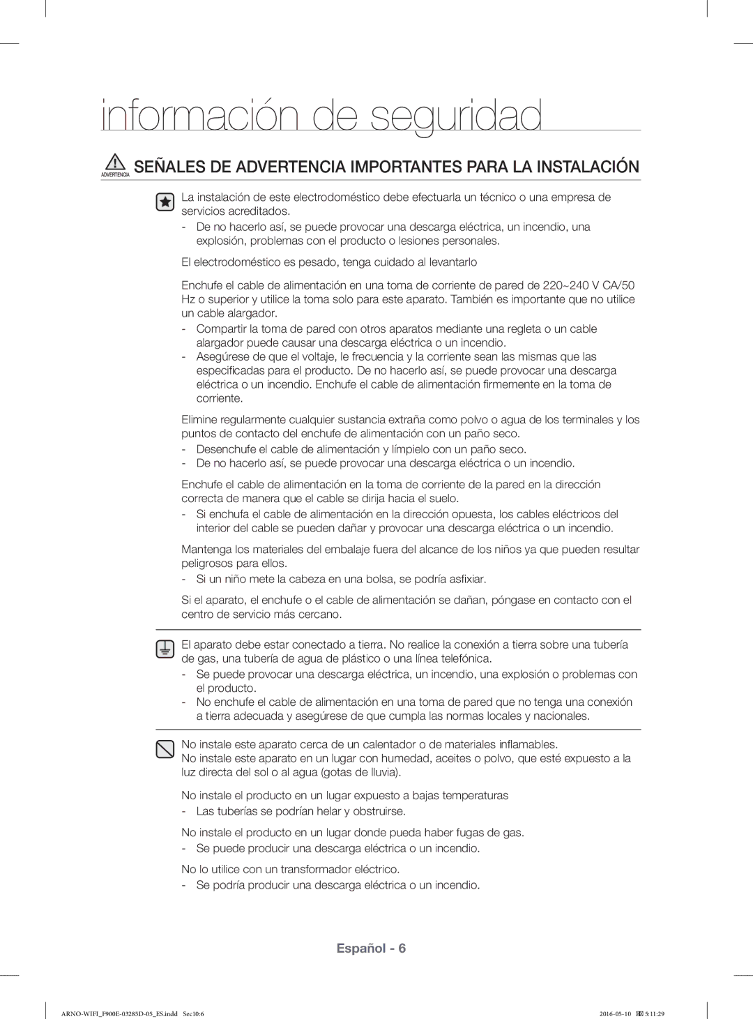 Samsung WF12F9E6P4W/EC manual Señales DE Advertencia Importantes Para LA Instalación 