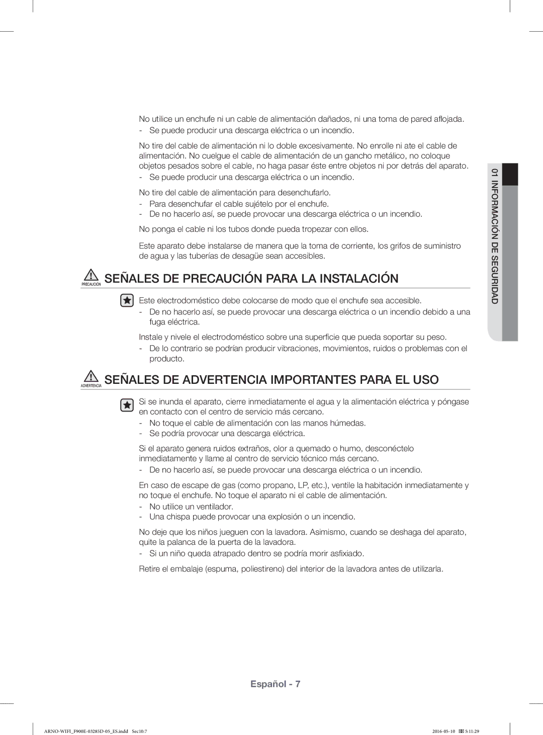 Samsung WF12F9E6P4W/EC manual Señales DE Precaución Para LA Instalación, Señales DE Advertencia Importantes Para EL USO 