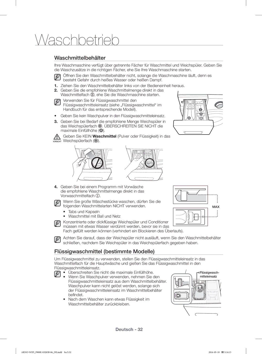 Samsung WF12F9E6P4W/EG, WF12F9E6P4W/ET manual Waschmittelbehälter, Flüssigwaschmittel bestimmte Modelle 