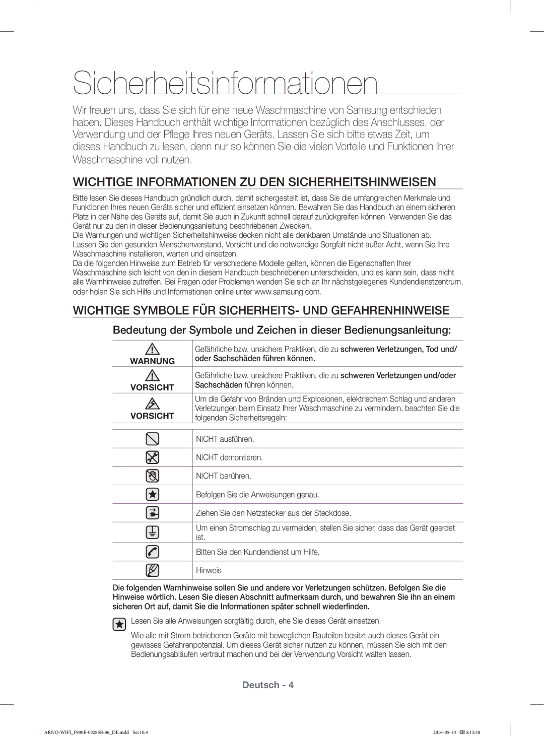 Samsung WF12F9E6P4W/EG, WF12F9E6P4W/ET manual Sicherheitsinformationen, Wichtige Informationen ZU DEN Sicherheitshinweisen 