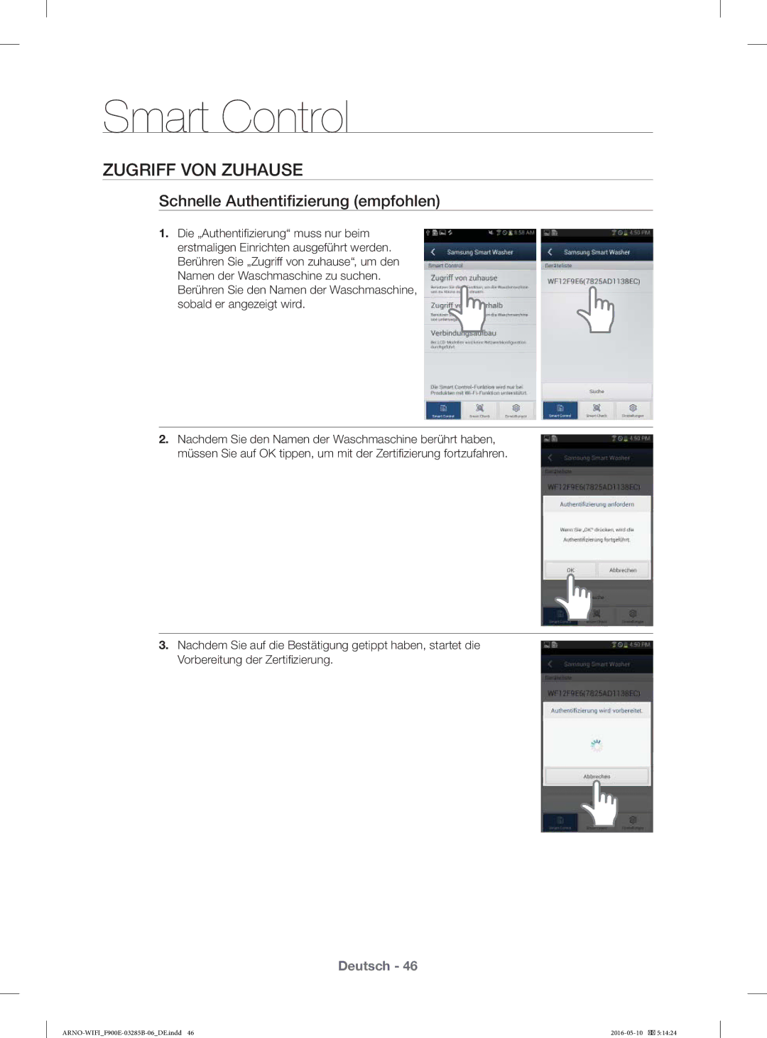 Samsung WF12F9E6P4W/EG, WF12F9E6P4W/ET manual Zugriff VON Zuhause, Schnelle Authentiﬁzierung empfohlen 