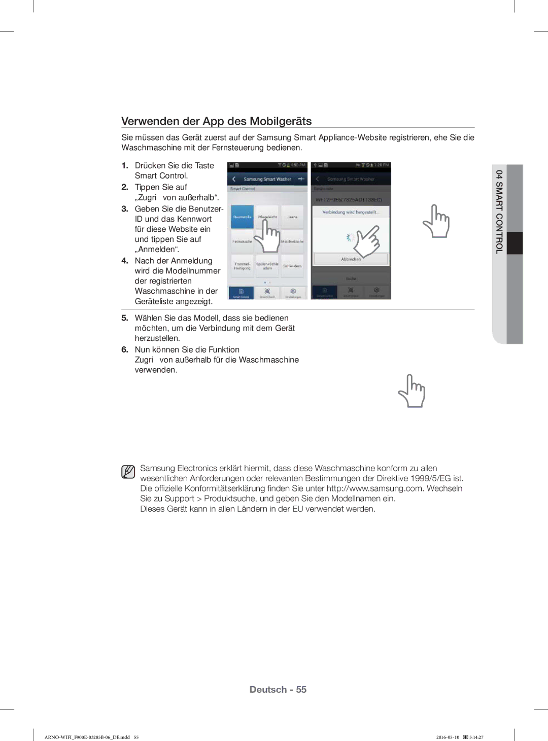 Samsung WF12F9E6P4W/ET, WF12F9E6P4W/EG manual Verwenden der App des Mobilgeräts 