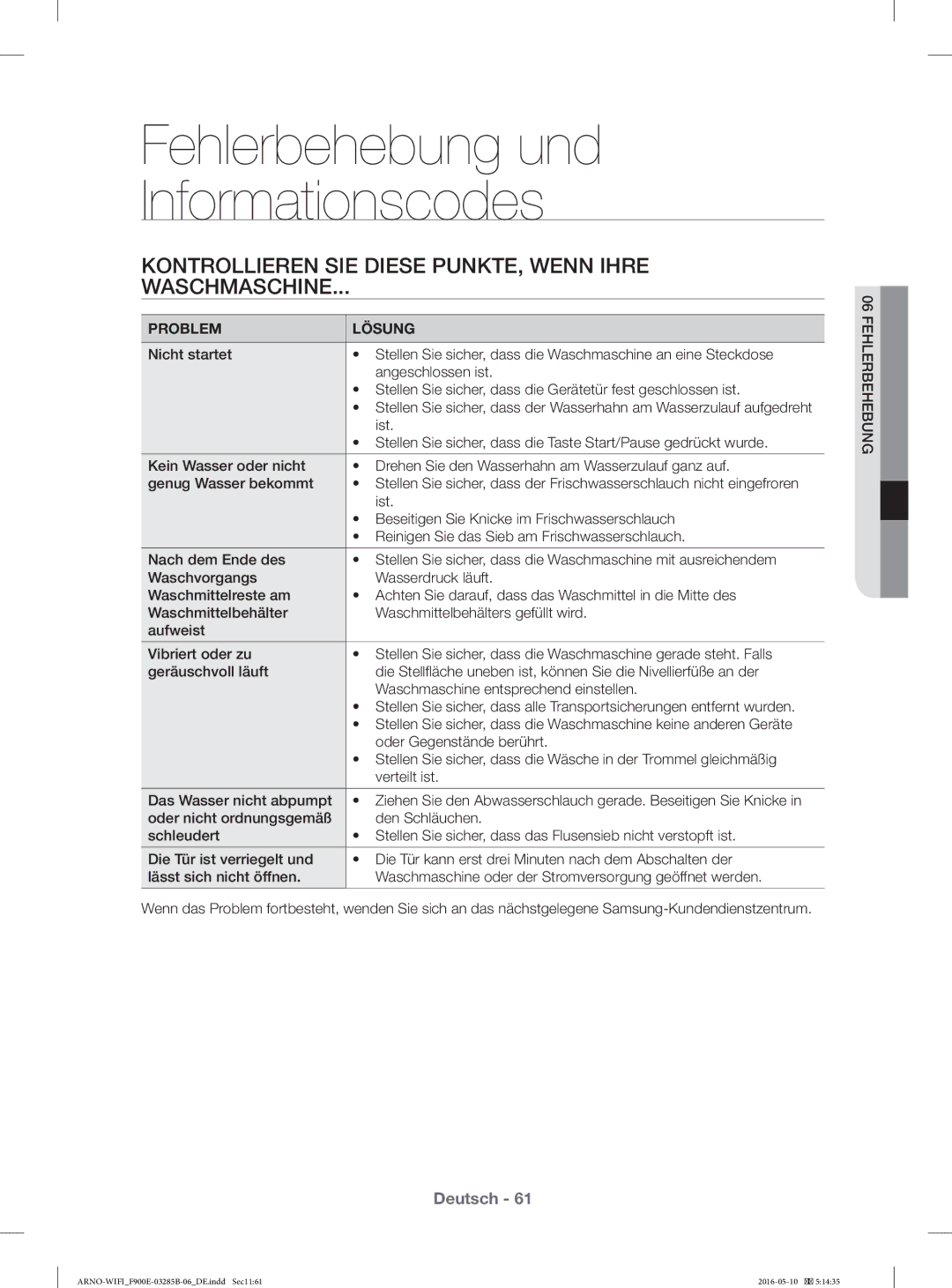 Samsung WF12F9E6P4W/ET manual Fehlerbehebung und Informationscodes, Kontrollieren SIE Diese PUNKTE, Wenn Ihre Waschmaschine 