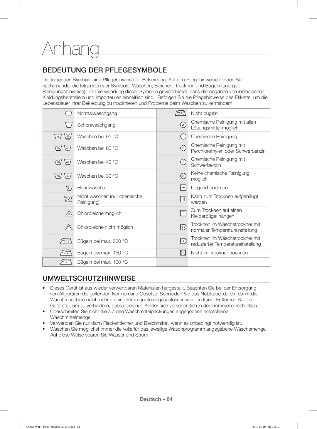 Samsung WF12F9E6P4W/EG, WF12F9E6P4W/ET manual Anhang, Bedeutung DER Pflegesymbole, Umweltschutzhinweise 