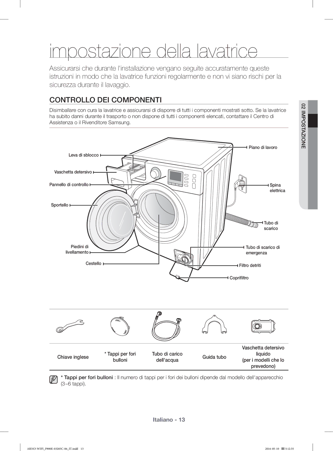 Samsung WF12F9E6P4W/ET manual Impostazione della lavatrice, Controllo DEI Componenti, Chiave inglese, Guida tubo 