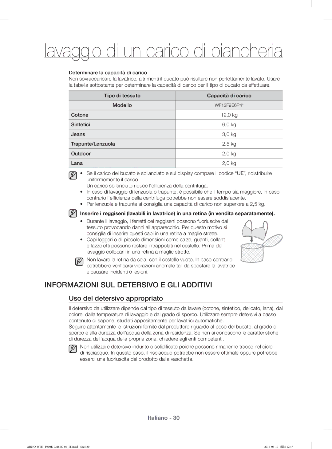 Samsung WF12F9E6P4W/ET manual Informazioni SUL Detersivo E GLI Additivi, Uso del detersivo appropriato, Modello, Cotone 