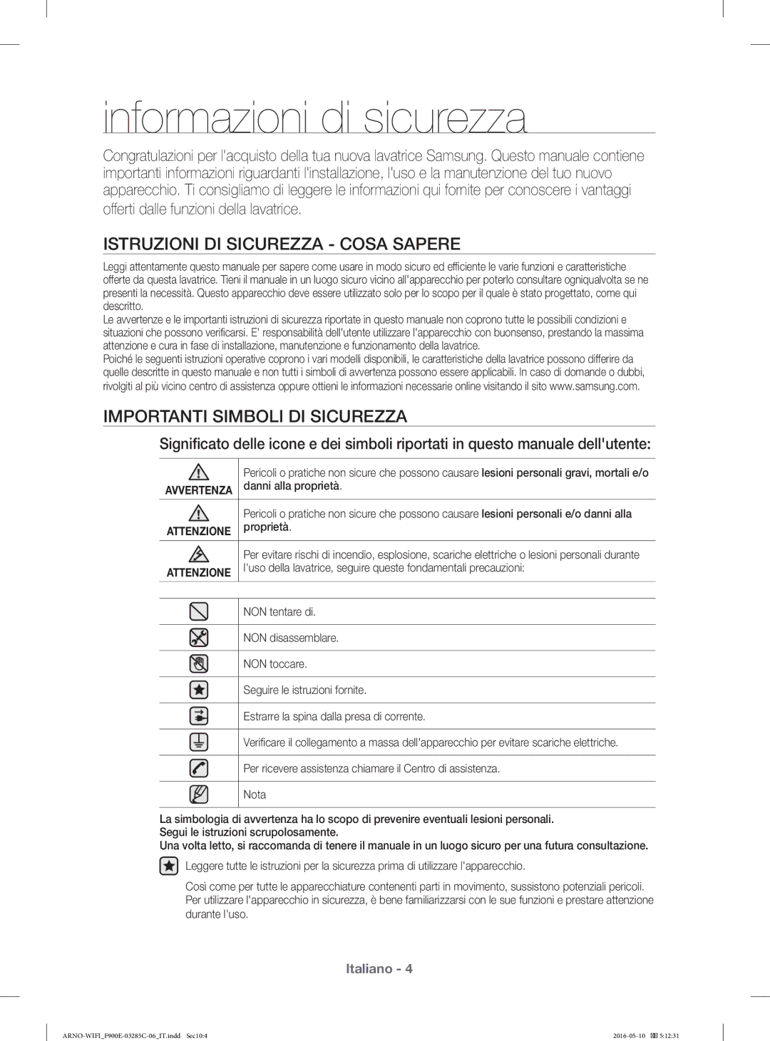 Samsung WF12F9E6P4W/ET Informazioni di sicurezza, Istruzioni DI Sicurezza Cosa Sapere, Importanti Simboli DI Sicurezza 