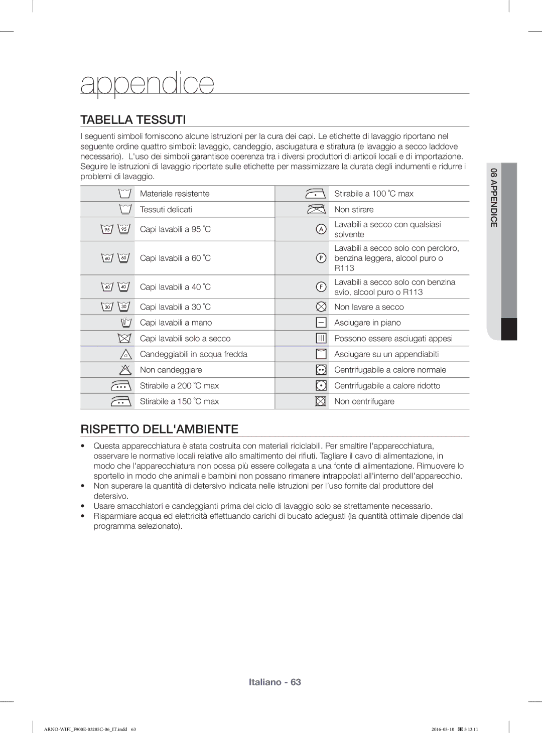 Samsung WF12F9E6P4W/ET manual Appendice, Tabella Tessuti, Rispetto Dellambiente 