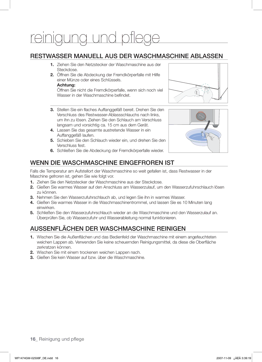 Samsung WF1474GW/XEG manual Reinigung und pflege, Restwasser Manuell AUS DER Waschmaschine Ablassen, Achtung 