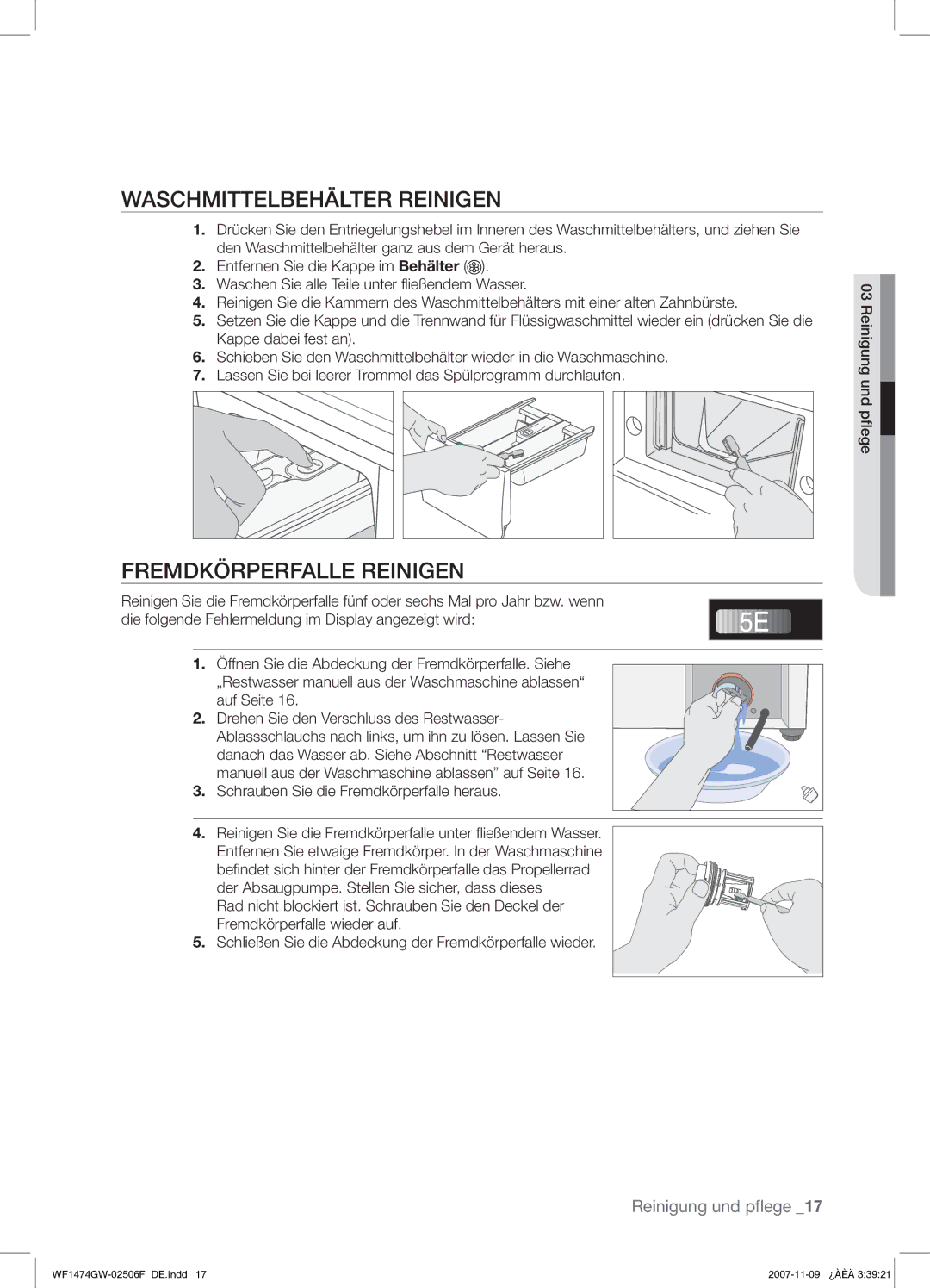 Samsung WF1474GW/XEG manual Waschmittelbehälter Reinigen, Fremdkörperfalle Reinigen 