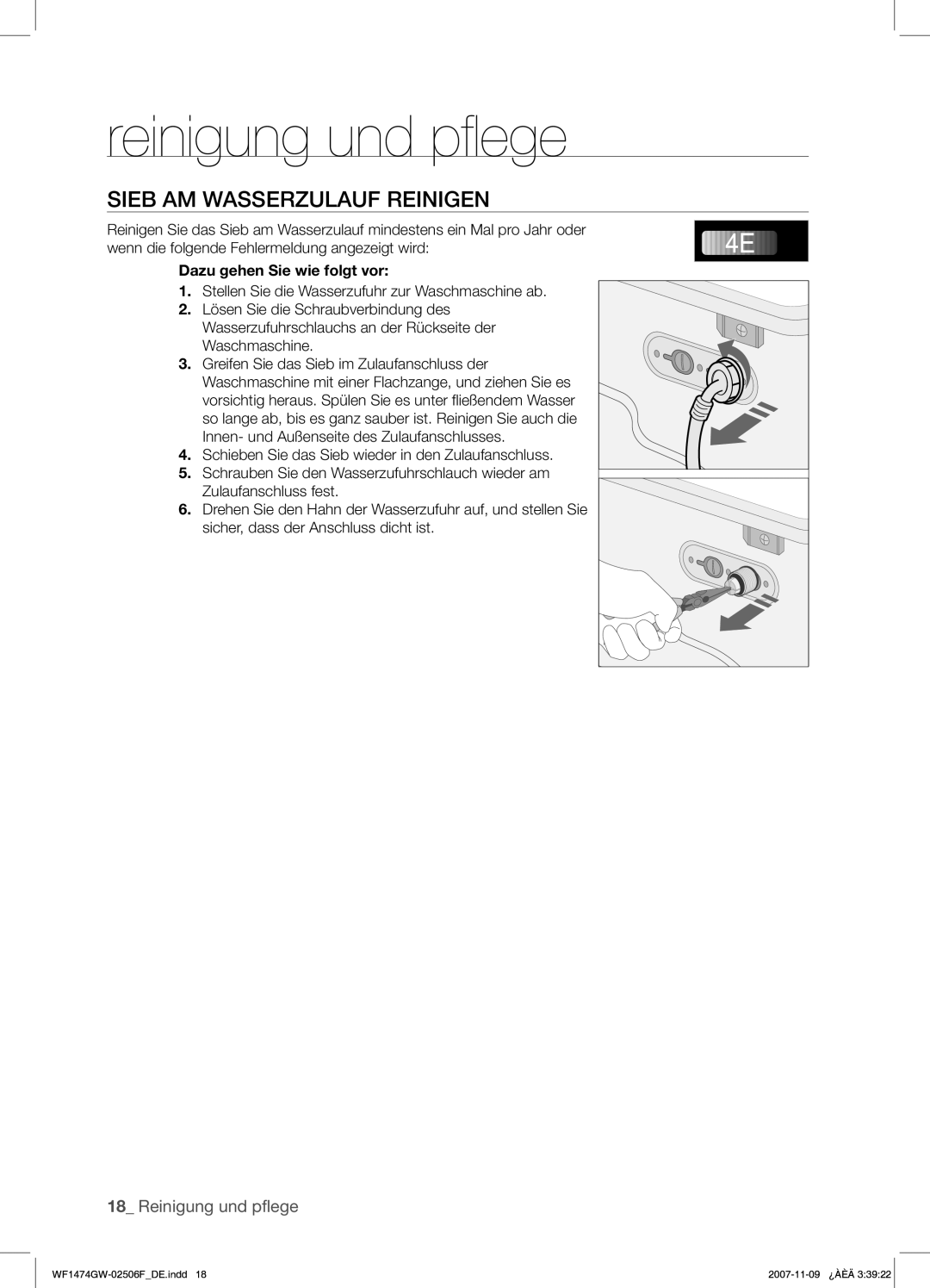 Samsung WF1474GW/XEG manual Sieb AM Wasserzulauf Reinigen, Dazu gehen Sie wie folgt vor 