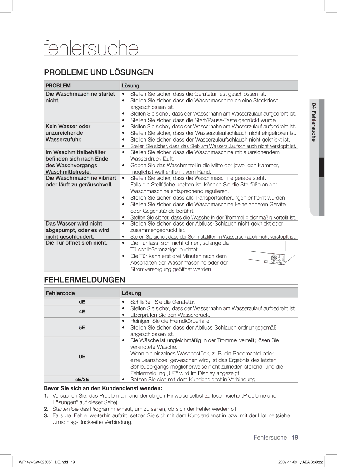 Samsung WF1474GW/XEG manual Fehlersuche, Probleme UND Lösungen, Fehlermeldungen 