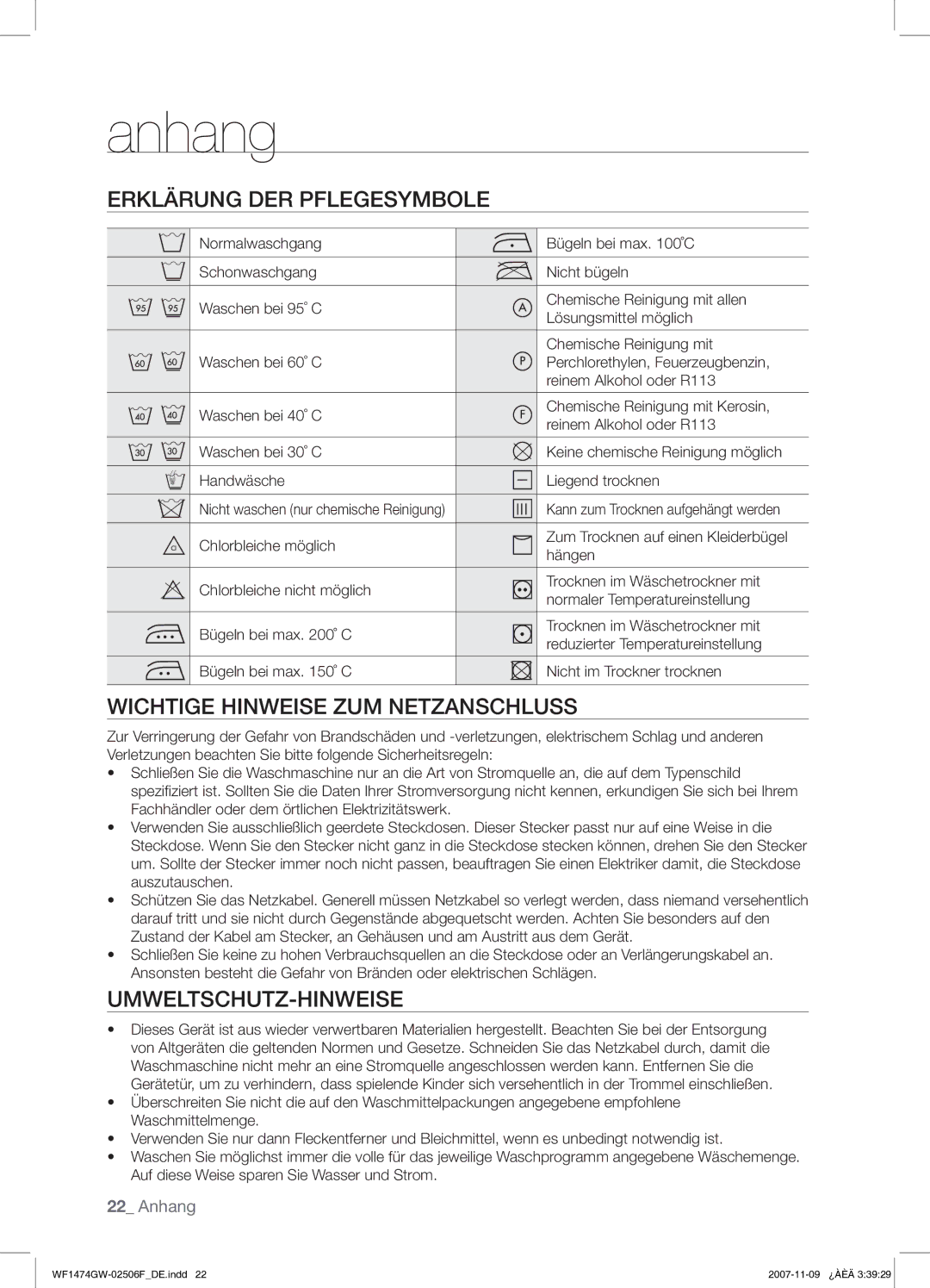 Samsung WF1474GW/XEG manual Anhang, Erklärung DER Pflegesymbole, Wichtige Hinweise ZUM Netzanschluss, Umweltschutz-Hinweise 