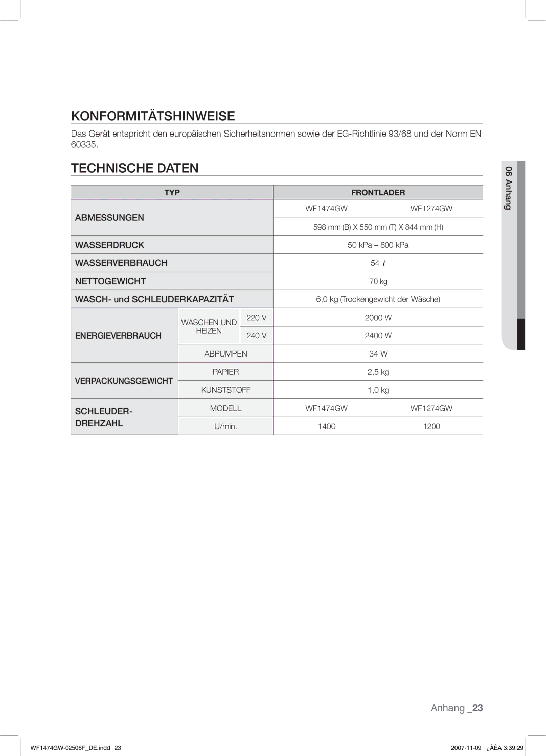 Samsung WF1474GW/XEG manual Konformitätshinweise, Technische Daten, WASCH- und Schleuderkapazität, Anhang 