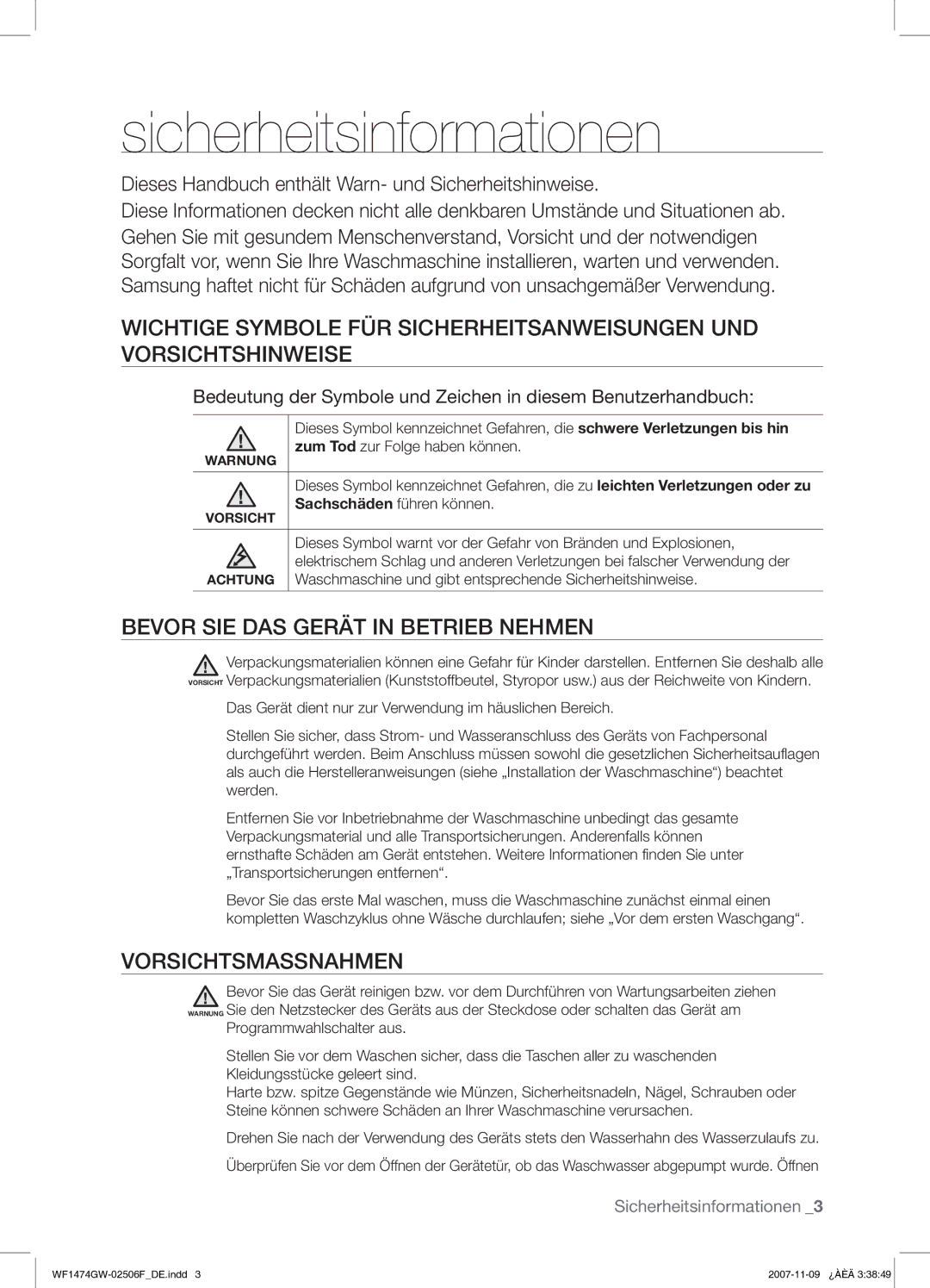 Samsung WF1474GW/XEG manual Sicherheitsinformationen, Bevor SIE DAS Gerät in Betrieb Nehmen, Vorsichtsmassnahmen 