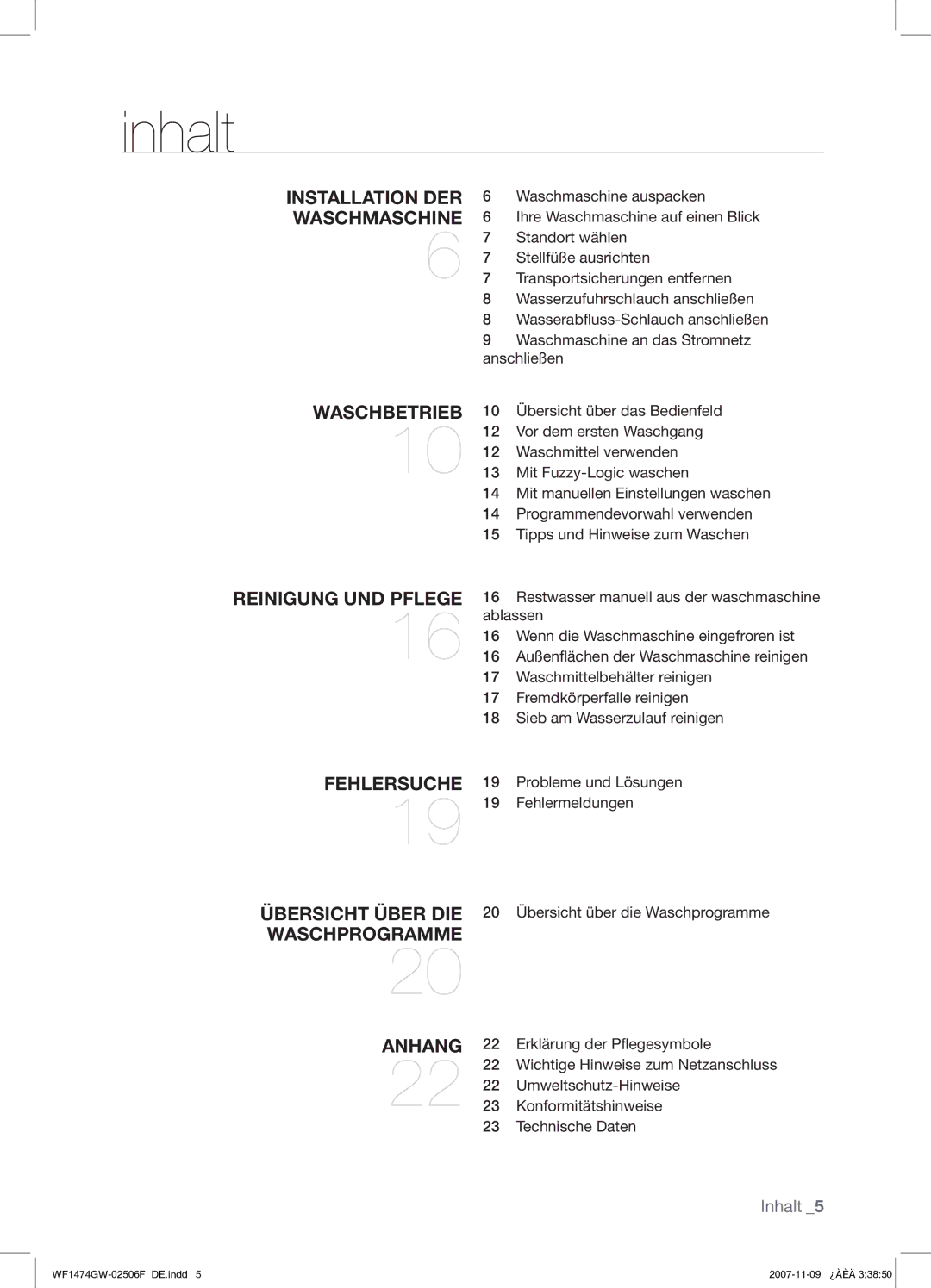 Samsung WF1474GW/XEG manual Inhalt 