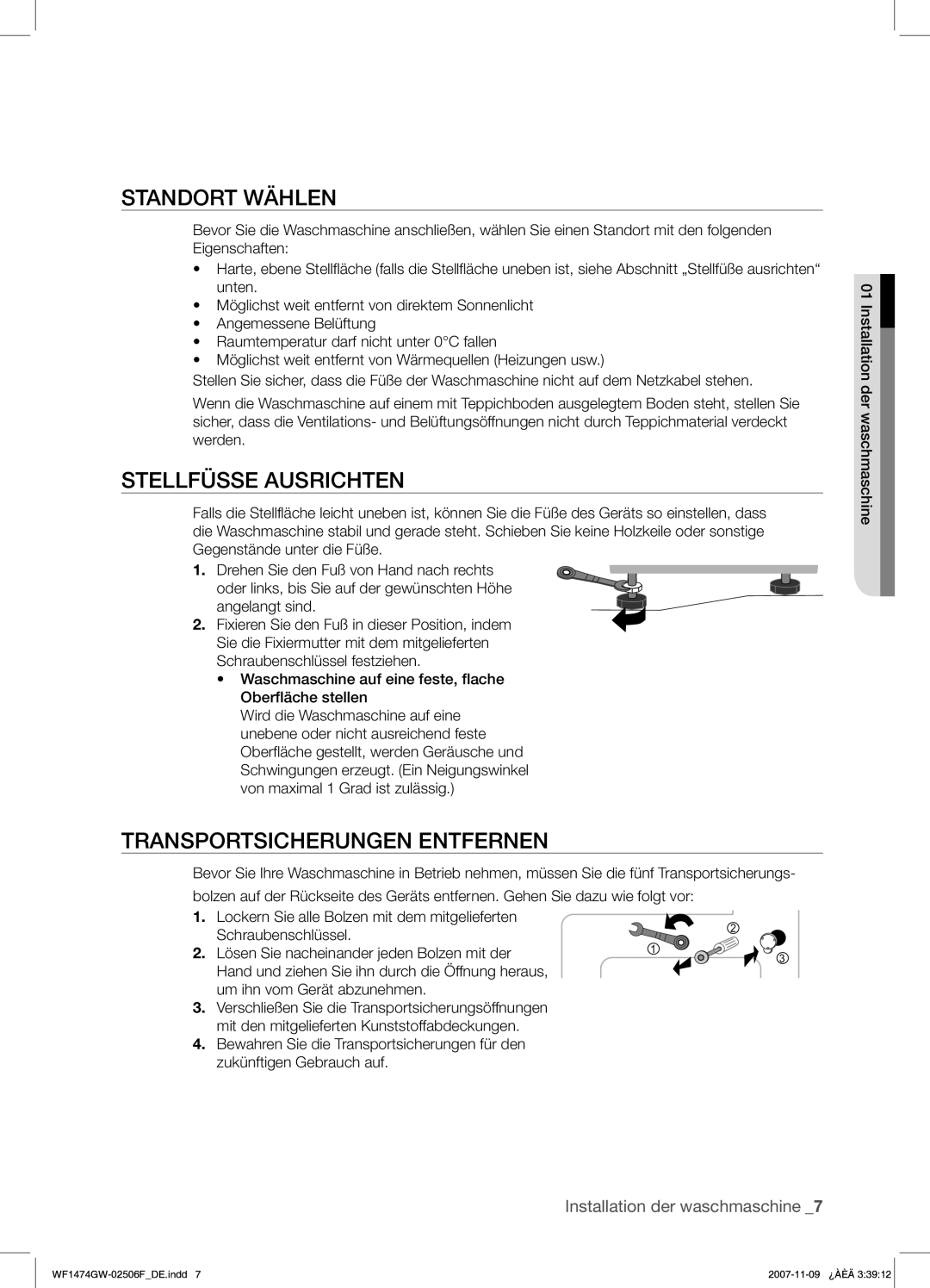 Samsung WF1474GW/XEG manual Standort Wählen, Stellfüsse Ausrichten, Transportsicherungen Entfernen 